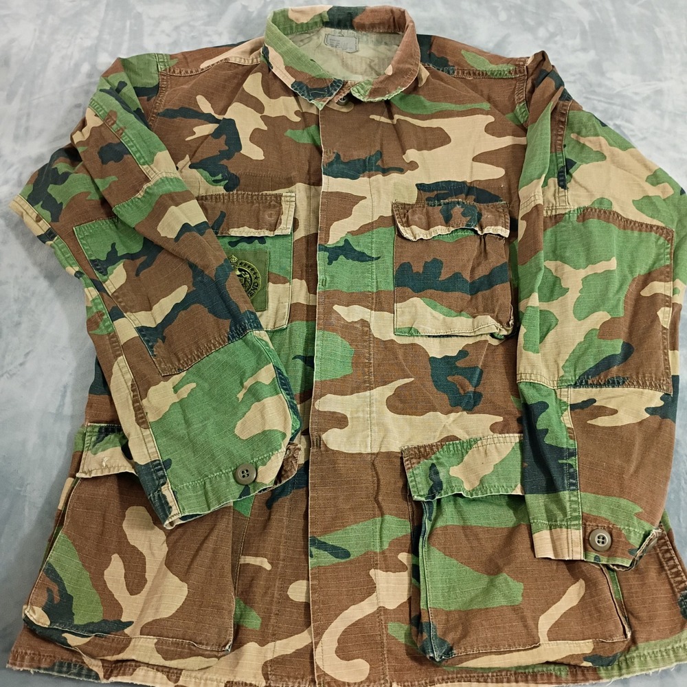 Military Camo BDU Field Jacket Medium Long Drill Sergeant Patch Hunting Outdoors